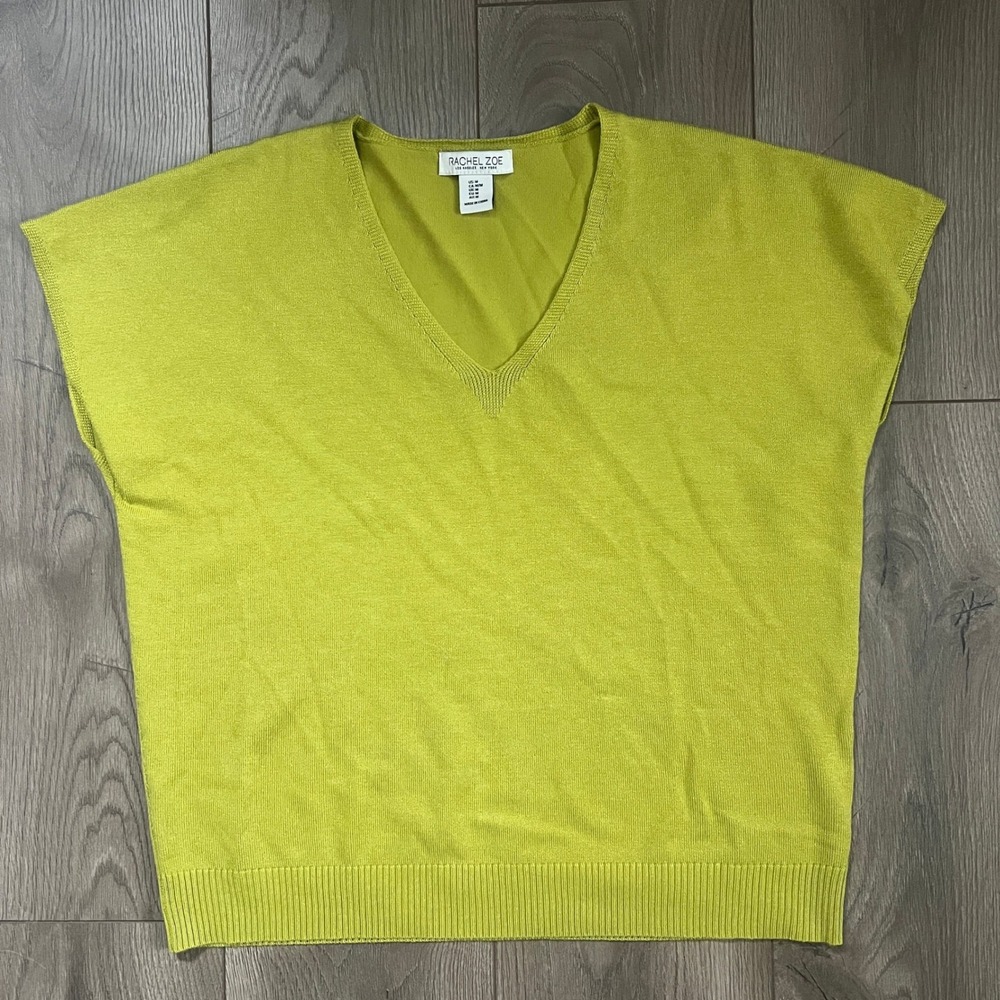 Rachel Zoe Chartreuse Green V-Neck Short Sleeve Knit Sweater Top Medium